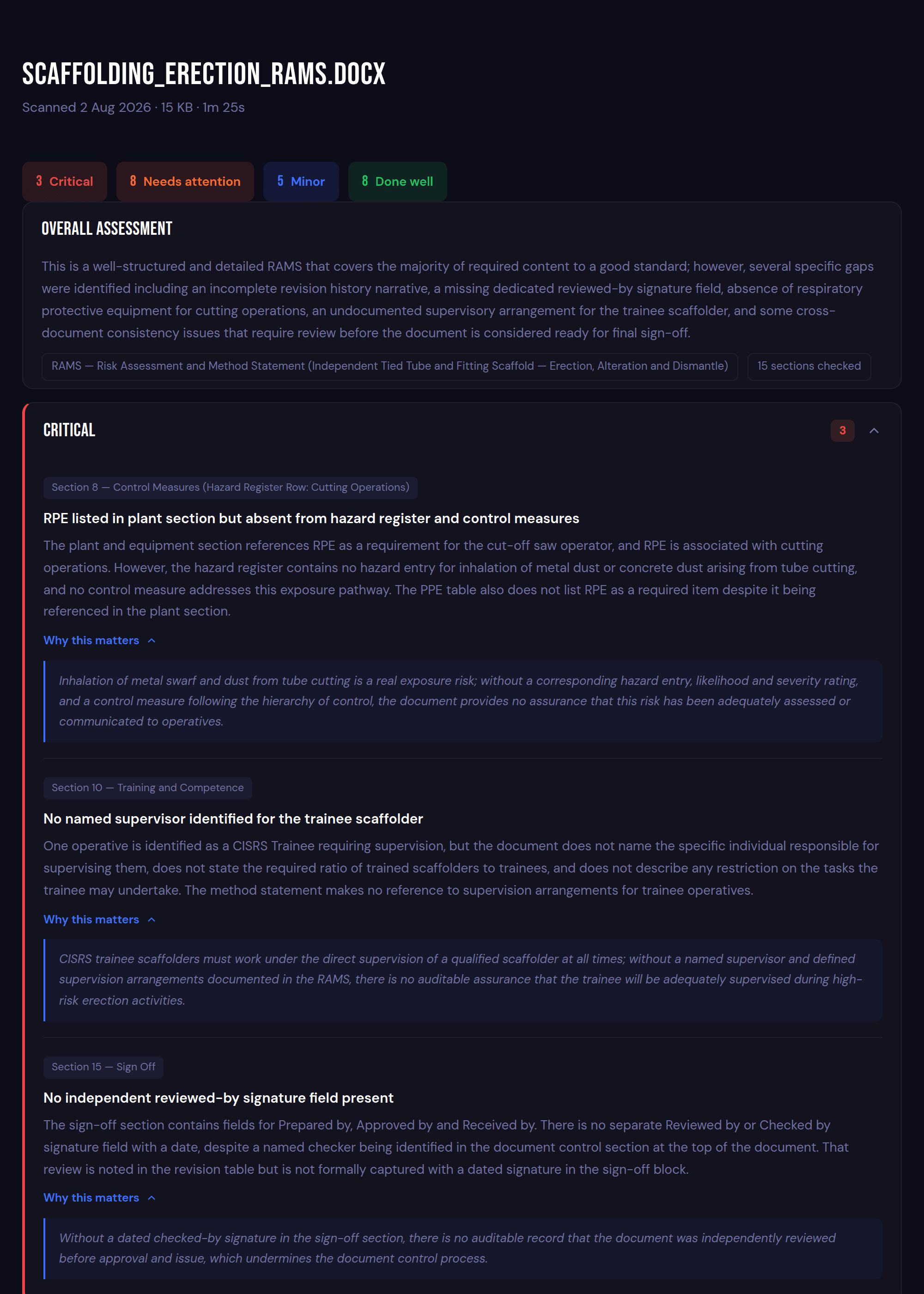 The first page of the sample Valify report, showing the overall assessment and the first critical finding.